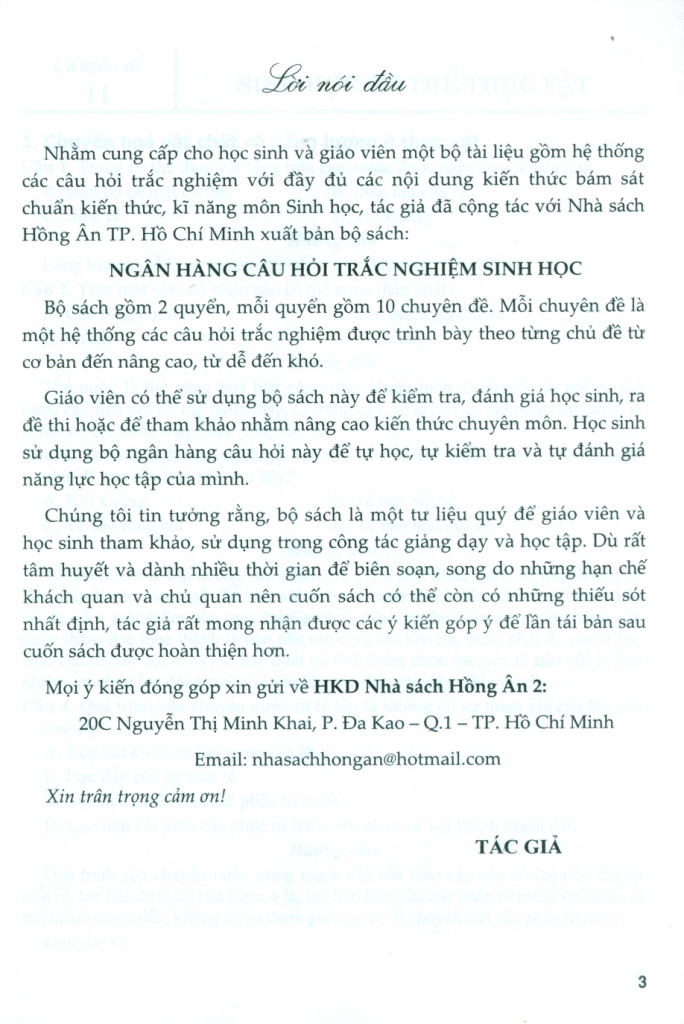 NGÂN HÀNG CÂU HỎI TRẮC NGHIỆM SINH HỌC - QUYỂN HẠ (Dùng chung cho các bộ SGK hiện hành)